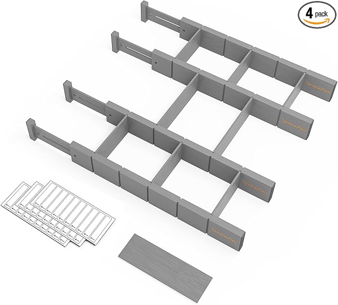 SpaceAid Bamboo Drawer Dividers with Inserts and Labels, Kitchen Adjustable Drawer Organizers, Expandable Organization for Home, Office, Dressers, 4 Dividers with 9 Inserts (17"-22" Gray)-DeskLoop Office