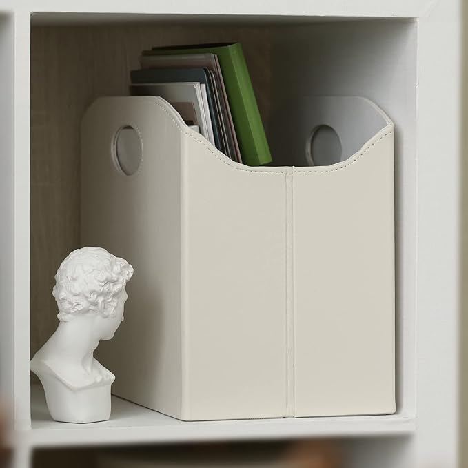 EZDeco Magazine Holder Foldable Magazine Rack Floor PU Leather File Holder Newspaper Book Storage Basket Document File Folder Organizer for Office Home (Off-white-1)-DeskLoop Office