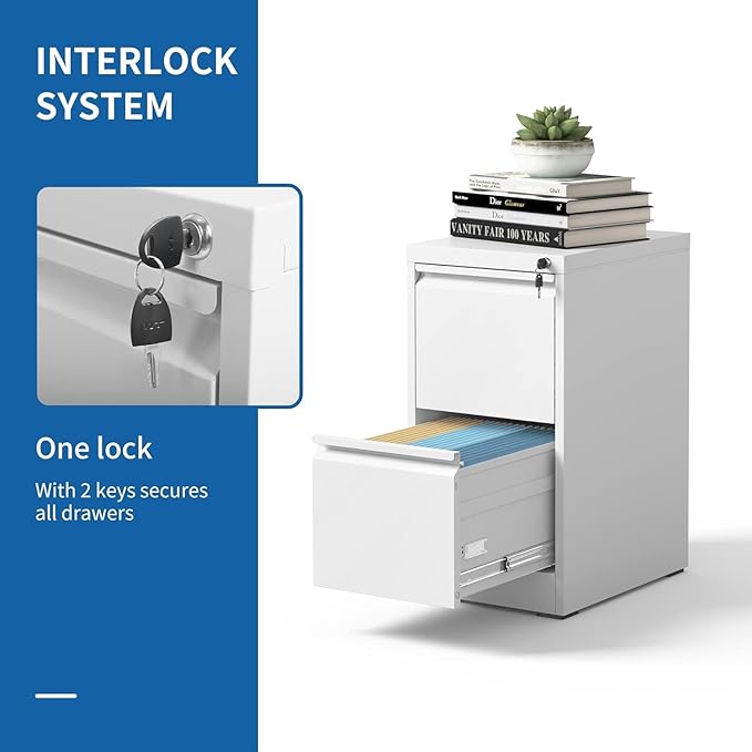 2 Drawer File Cabinet for Home Office, Vertical File Cabinet with Lock, Locking File Cabinet Hanging Files for A4/ Legal/Letter, Require Assembly, White-DeskLoop Office