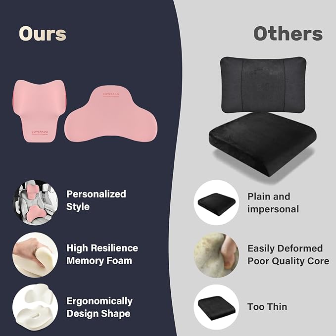 Coverado Lumbar Support and Car Neck Pillow, Ergonomic Memory Foam Desk Chair Cushion and Headrest Pillow for Car Office Chair, Sciatica & Neck & Tailbone Cushion-Pink-DeskLoop Office