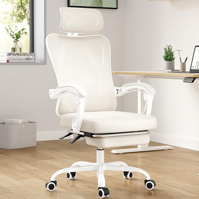 Farini Ergonomic Office Chair with Footrest, Mesh Office Desk Chair with Headrest, High Back Computer Chair with Adjustable Lumbar Support for Home Office Study Room Bedroom, White & Beige-DeskLoop Office