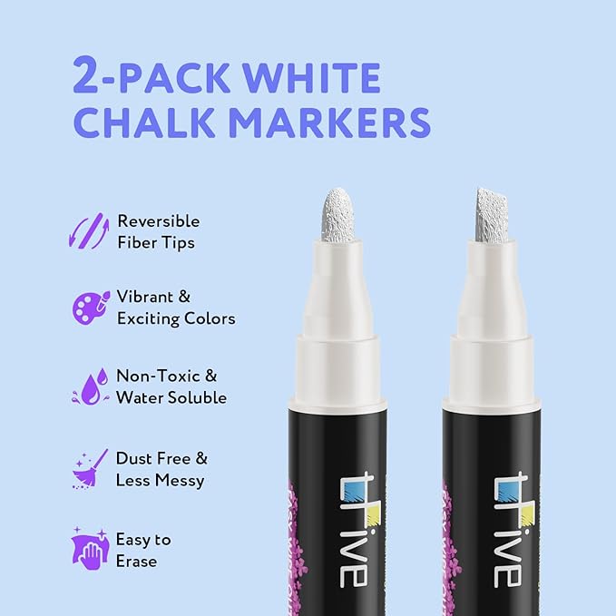 TFIVE White Liquid Chalk Markers - 2 Pack Bright Colors Erasable Chalk Marker Pens, Reversible Tip, Non-Toxic, for Chalkboards, Signs, Glass, Easy to use Chalk markers TF800-DeskLoop Office