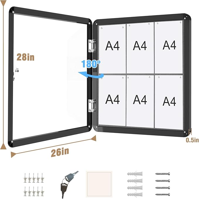 28"x26" Enclosed Bulletin Board, Lockable Weather-Resistant Aluminum Cork Noticeboard for School & Office, Black Frame w/Grey Flet-DeskLoop Office
