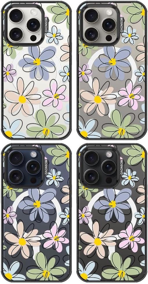 MOSNOVO Magnetic Case for iPhone 15 Pro, 10ft Military-Grade Protection, Compatible with Magsafe, Shockproof Phone Case for iPhone 15 Pro - Linear Blooms - Clear Black-DeskLoop Office