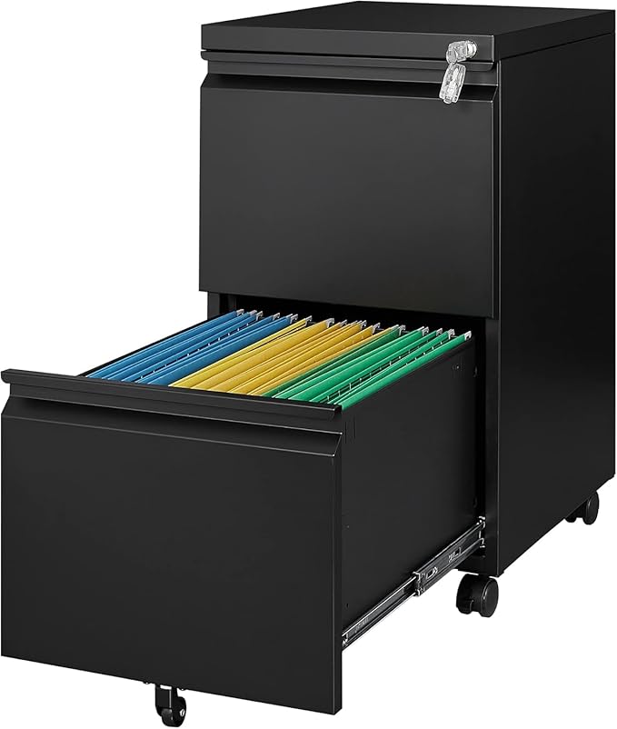 Letaya 2 Drawer Mobile File Cabinet with Lock, Under Desk Metal Rolling Filing Cabinets for Home Office Organizer Letters/Legal/A4 (Black- Requires Installation)-DeskLoop Office