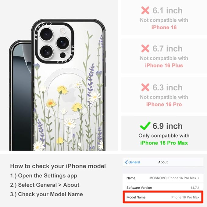 MOSNOVO Magnetic Case for iPhone 16 Pro Max, 10ft Military-Grade Protection, Compatible with Magsafe, Shockproof Phone Case for iPhone 16 Pro Max - Wild Meadow - Clear Black-DeskLoop Office
