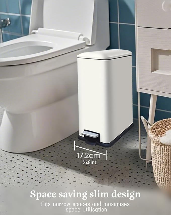 Trash Can with Lid, 10 L Bathroom Waste Bin, Small Pedal Bin, Stainless Steel Garbage Can for Bathroom, Bedroom and Office, White-DeskLoop Office