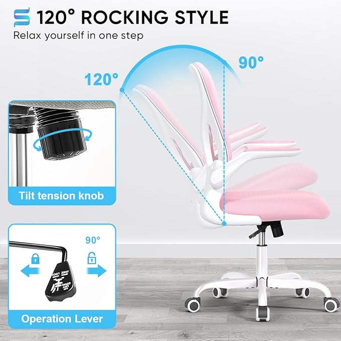 Sytas Ergonomic Desk Chair with Padded Flip up Arms and Supportive Lumbar Support, Breathable Mesh Home Office Chair with Comfortable Cushion for Home or Office(Pink)-DeskLoop Office