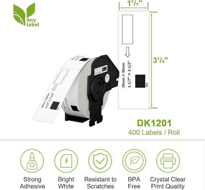 Compatible Standard Address Labels Replacement for Brother DK-1201 (1.1" X 3.5ā), Use with Brother QL Label Printers (12 Rolls + 1 Reusable Cartridge, 400 Labels/Roll)