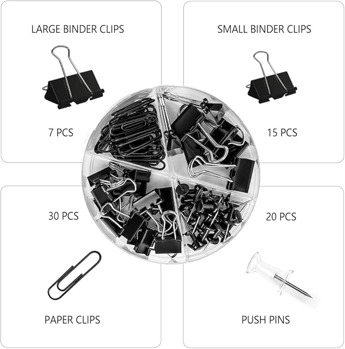 Paper Clips and Binder Clips Set, Metal Assorted Sized Binders with Push Pins, Black Office Supplies for Desk, Durable Desk Accessories-DeskLoop Office