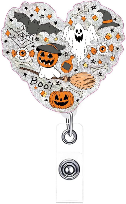 Halloween Ghost Badge Reel Fun Halloween Retractable ID Badge Reel for Nurse, Heart Shape Acrylic Pumpkin Badges Holder with Alligator Clip Fun Holiday Gifts for Nurses Medical Assistant Nursing Staff-DeskLoop Office