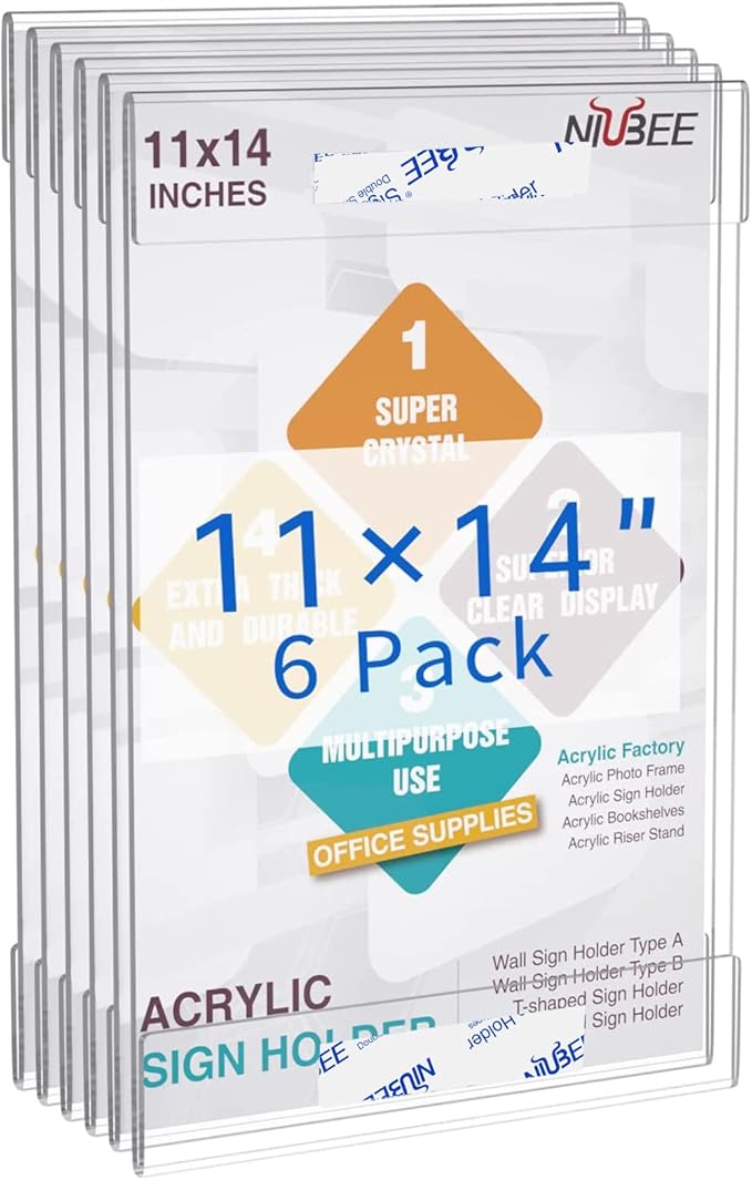 Niubee 11x14 inch Wall Mount Acrylic Sign Holder with Double Sided Adhesive Tape for Office, Home, Store, Restaurant, No Drilling - Vertical (6 Pack)-DeskLoop Office
