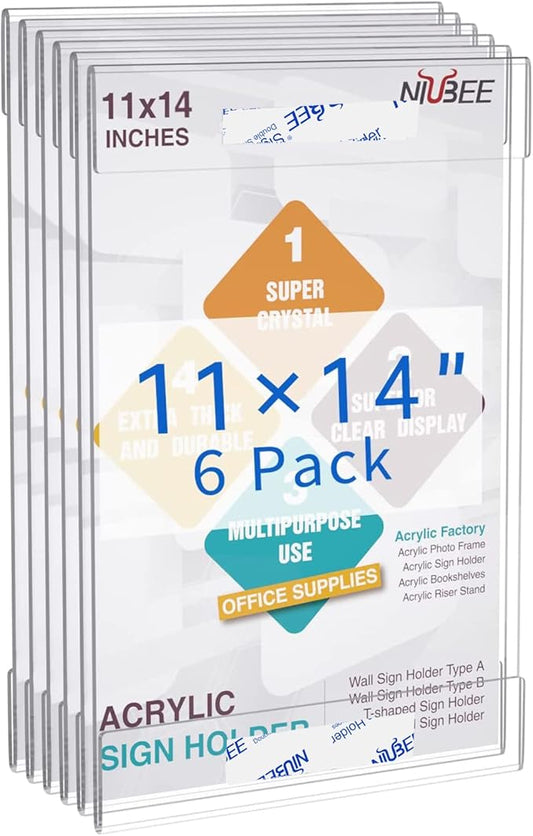 Niubee 11x14 inch Wall Mount Acrylic Sign Holder with Double Sided Adhesive Tape for Office, Home, Store, Restaurant, No Drilling - Vertical (6 Pack)-DeskLoop Office