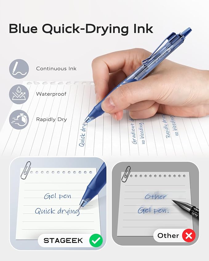 12 Pack Blue Gel Pens, Quick Dry Blue Ink Pens, 0.5mm Fine Point Retractable Smooth Writing Pens for Journaling, Writing, Business Gel Pen for Office School & Home Supplies(Blue)