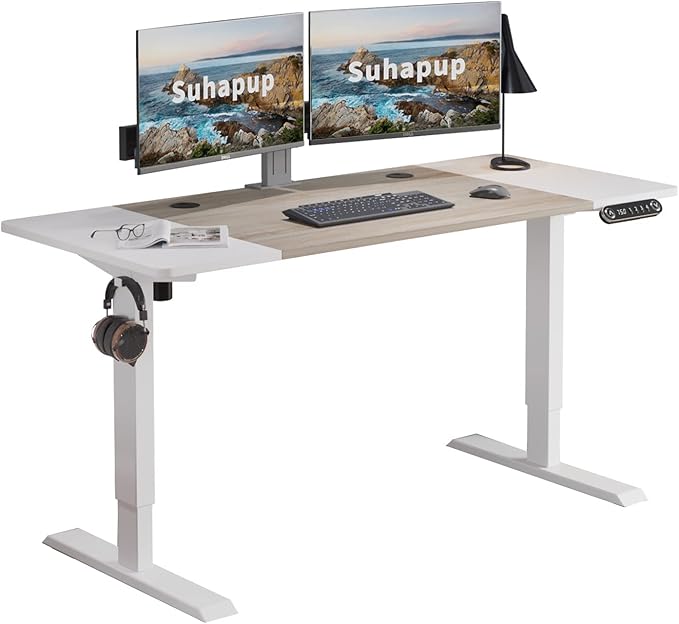Electric Height Adjustable Standing Desk, 63 x 30inches Height Adjustable Computer Desk Sit Stand Desk Home Office Desks with Splice Board White Frame + White Top-DeskLoop Office