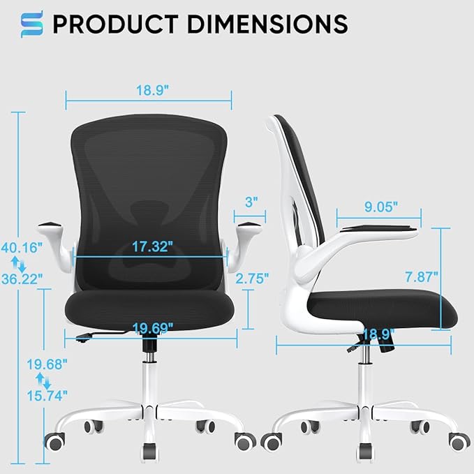 Sytas Ergonomic Desk Chair with Padded Flip up Arms and Supportive Lumbar Support, Breathable Mesh Home Office Chair with Comfortable Cushion for Home or Office(White)-DeskLoop Office