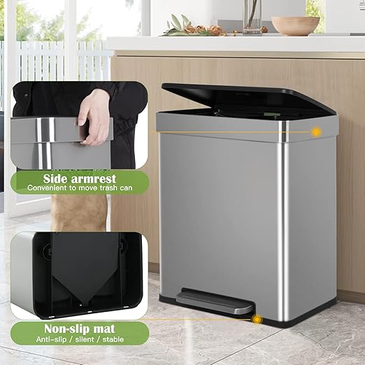 60 Liter Trash Can Soft-Close, Smude Resistant Trash Can with Foot Pedal-Brushed Stainless Steel and Two Independent Drums Waste Bin for Home, Kitchen, Office, Bathroom-DeskLoop Office