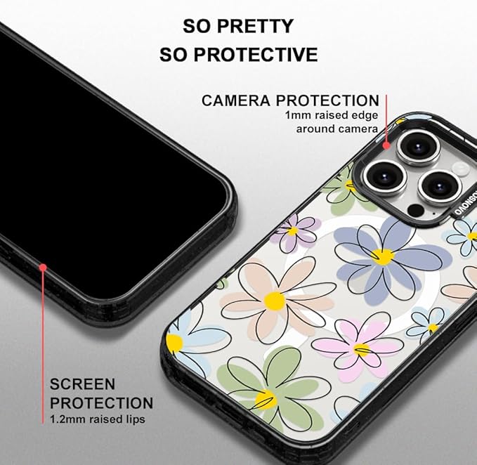 MOSNOVO Magnetic Case for iPhone 15 Pro, 10ft Military-Grade Protection, Compatible with Magsafe, Shockproof Phone Case for iPhone 15 Pro - Linear Blooms - Clear Black-DeskLoop Office