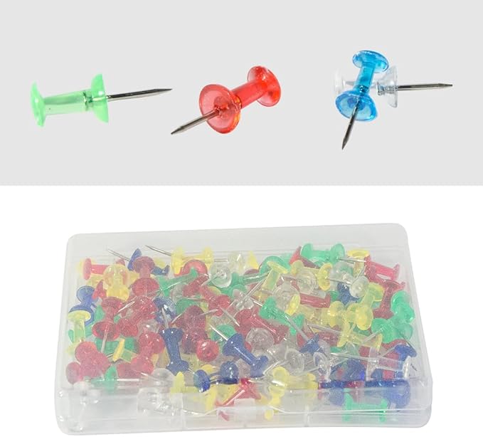 100 Pack Push Pins Tacks, Clear Plastic Head, Steel Point,Thumb Tacks for Bulletin Board,Stick Pins Thumb Tacks for Cork Board Wall Hangings (100, Colorful)-DeskLoop Office