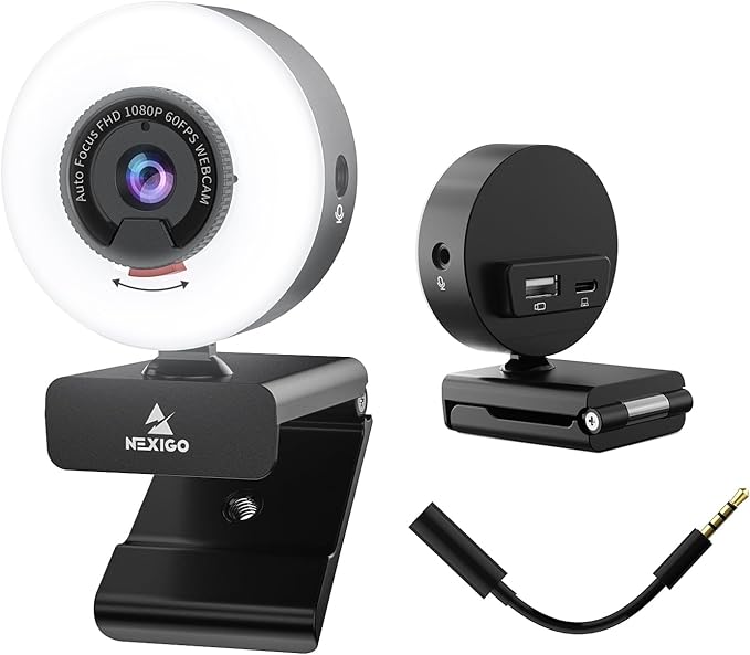 NexiGo N960E Pro 60FPS Webcam with Mic/Headset Jack and Extra USB Port, 1080P Web Camera with Light, Fast AutoFocus, Built-in Privacy Cover, for Zoom Meeting Skype Teams Twitch-DeskLoop Office