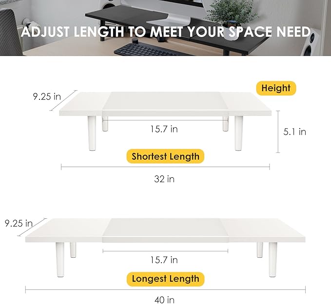 Dual-Monitor-Stand-Riser-For-Desk Adjustable Length 32-40 Inch,Large Desktop Computer Monitor Riser For 2 Screens,Desk Shelf Organizer Riser Stand For Computer/Laptop/PC/Printer/TV White-DeskLoop Office