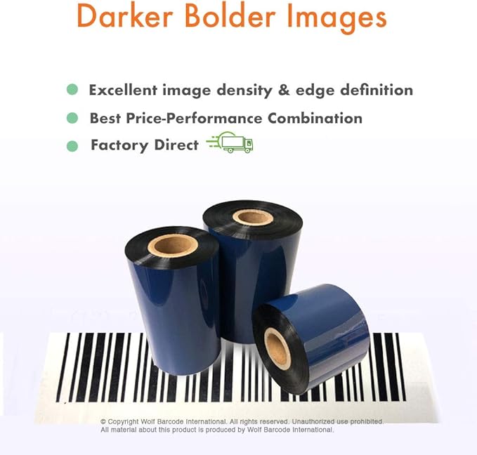 12 Rolls Wolfbarco 4.33" x 984' (110mm x 300m) Black Premium Resin-Enhanced Wax Thermal Transfer Ribbon Compatible with Zebra,TEC, INTERMEC,Citizen,TSC,GODEX,ARGOX Printers