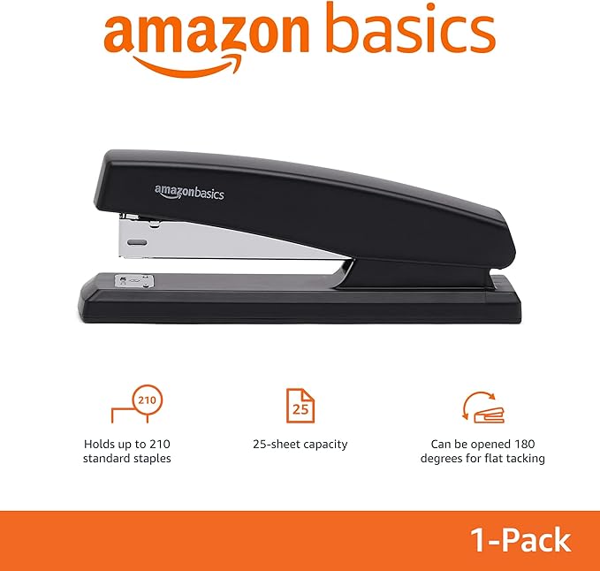 Amazon Basics Stapler with 1000 Staples, Office Stapler, 25 Sheet Capacity, Non-Slip, Black-DeskLoop Office