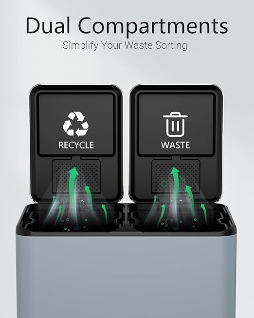 TLSUNNY Kitchen Dual Trash Can, 60L Hands-Free Stainless Steel Garbage Can, Classified Rubbish Bin with Double Compartments, Soft-Close Lid, Inner Bucket, Odor Control (60L) (Haze Blue)-DeskLoop Office