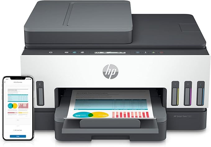 HP Smart Tank 7301 Wireless All-in-One Refillable Ink Tank Printer, Scanner, Copier with 2 years of ink included, Best for home office(28B70A)-DeskLoop Office