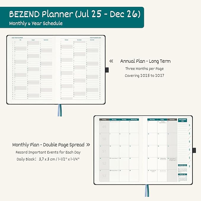 BEZEND Weekly Planner 2025-2026 with 2 Columns, 5.8" x 8.5" Academic Calendar 18 Months (Jul 25-Dec 26) Life Work Appointment Book with Monthly Tab, PU Leather Hardcover - Dutch Blue-DeskLoop Office