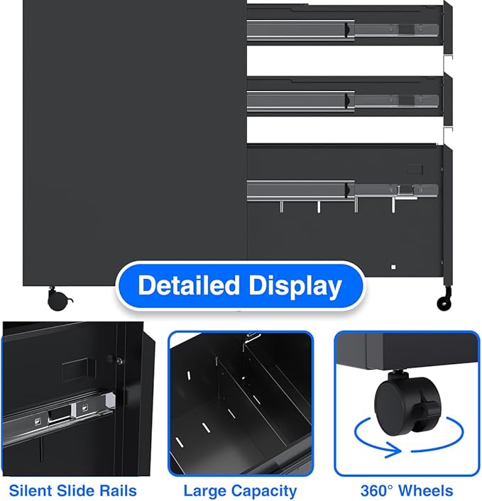 3 Drawer Steel Mobile File Cabinet with Lock for Legal/Letter/A4 Folders, 23.6''H Rolling File Cabinet for Home, Office, Fully Assembled Except Wheels, Black-DeskLoop Office