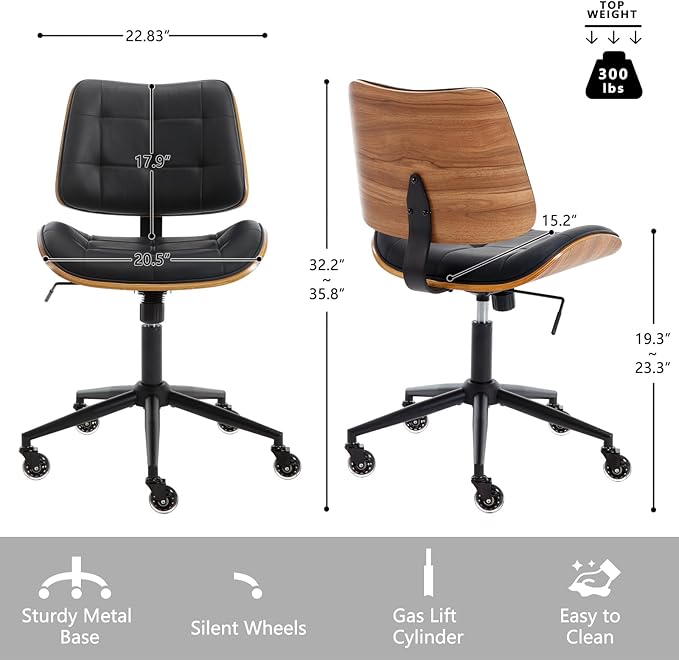 Home Office Desk Chair with Wheels, Adjustable Height Armless Office Chair, PU Leather Mid Back 360° Small Computer Chair, Modern Walnut Chair No Arms for Office, Reading Meeting Room(Black)-DeskLoop Office