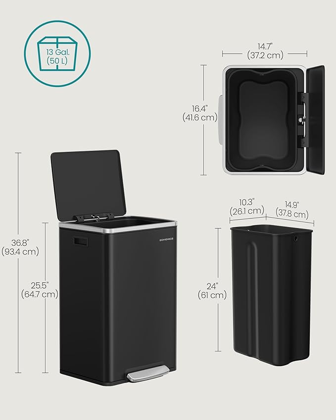 SONGMICS Trash Can, 13-Gallon Gabbage Can, with 15 Trash Bags, Steel, with Soft-Close Lid, Removable Inner Bucket, Handles, Ink Black ULTB595B01V1