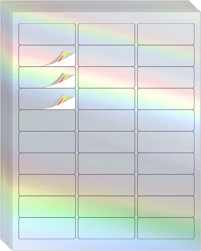 STARLIBOO 1" x 2-5/8" Address Labels- Holographic Color Stickers for Laser/Ink Jet Printer mailing Labels 8.5"×11"- Holographic Silver-DeskLoop Office