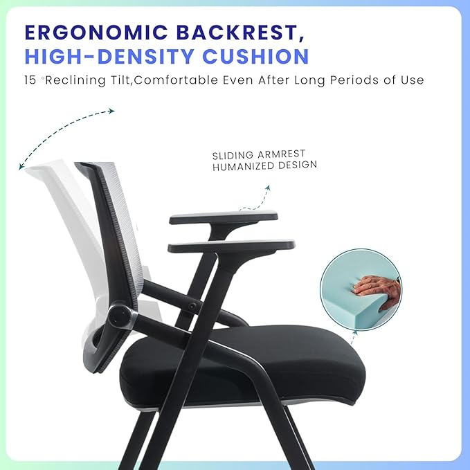 10 Pack Foldable Office Chair with PU Wheels and Sliding Armrest-Ergonomic Mesh Bouncing Back, Stackable Conference Room Chair, Office Guest & Reception & Meeting Chair (Black)-DeskLoop Office