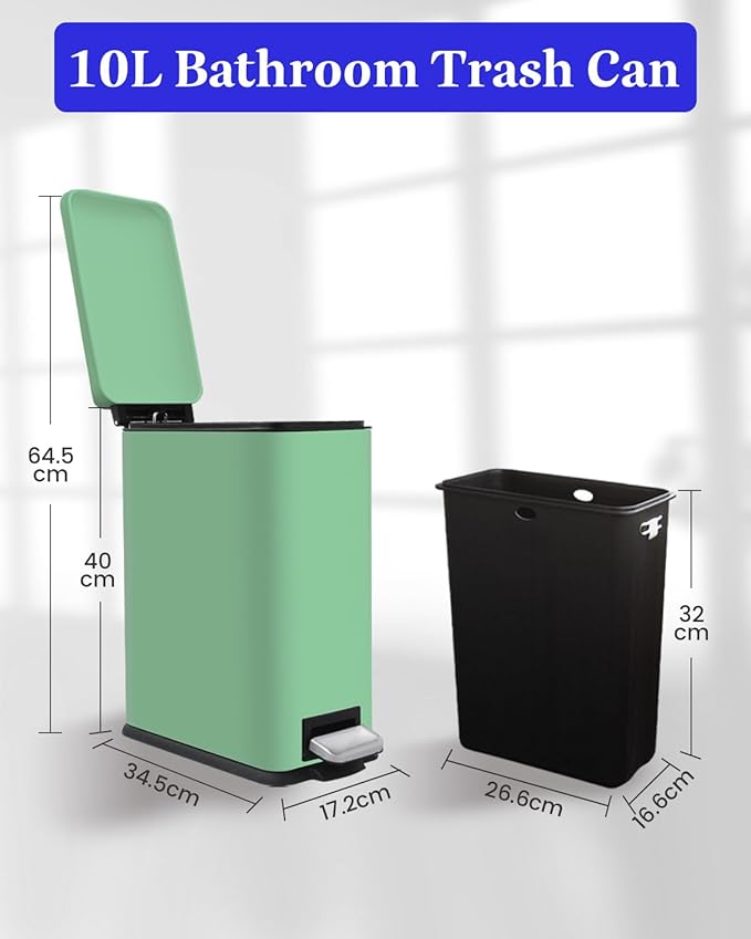 Rubbish Bin with Lid, 10 L, Stainless Steel Bathroom Waste Bin, Small Waste Bin, Pedal Bin, Stainless Steel for Bathroom, Bedroom and Office, Green-DeskLoop Office