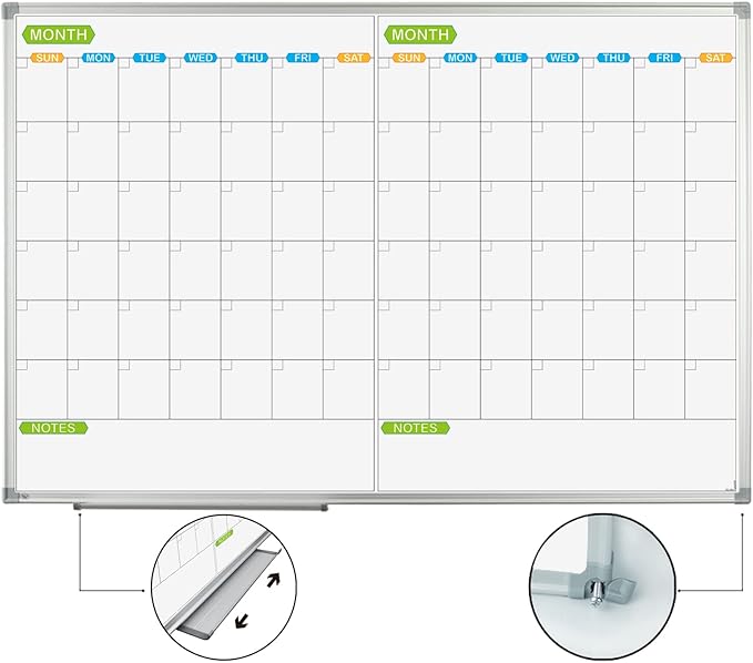 JILoffice Magnetic Dry Erase Calendar Whiteboard, 2 Month White Board Planner 36 X 24 Inch, Silver Aluminum Frame Wall Mounted Board for Office Home and School-DeskLoop Office