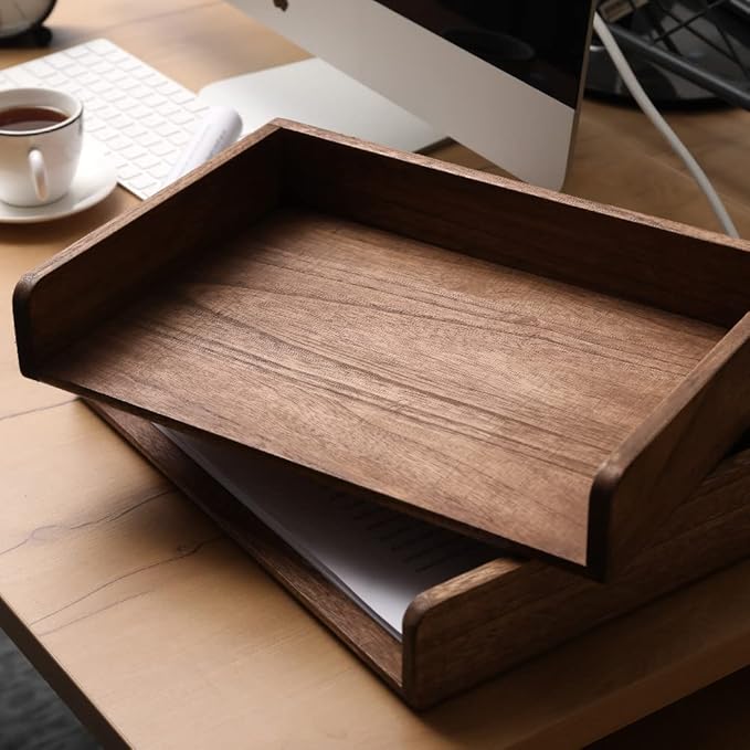 Desktop File Trays Stackable Paper Tray for Letter/A4 Size Magazine - Wood Office Document Organizer Shelf - Wooden Folder Organization Rack Desk Tray Pack of 2 Dark(2CTP-DK)-DeskLoop Office