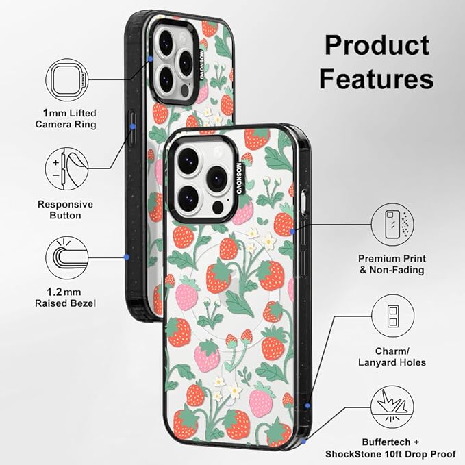 MOSNOVO Magnetic Case for iPhone 14 Pro Max, 10ft Military-Grade Protection, Compatible with Magsafe, Shockproof Phone Case for iPhone 14 Pro Max - Strawberry Garden - Clear Black-DeskLoop Office