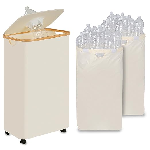 Recycling Bin for Kitchen, Indoor Home Recycle Bins with Wheel, 29 Gallons Large Recycling bin with 2 Removeable Reusable Inner Bags, for Bottles Cans Glass Plastice Cartons(Beige)-DeskLoop Office