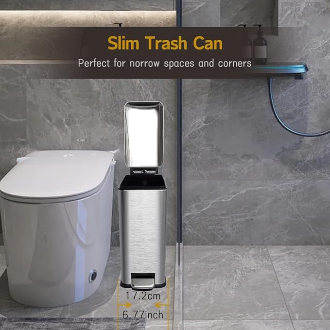 Bathroom Trash Can, 10 Liter / 2.6 Gallon Stainless Steel Garbage Can with Removable Inner Bucket, Soft Close Lid Step Trash Bin for Bedroom, Office, Kitchen, Brushed Silver-DeskLoop Office