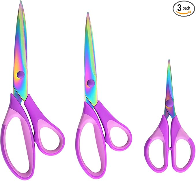 Craft Scissors Set of 3 Pack, All Purpose Sharp Titanium Blades Shears, Comfort Grip Handle, Multipurpose Fabric Scissors Tool Great for Adults, Office, Sewing, School and Home Supplies, Purple-DeskLoop Office