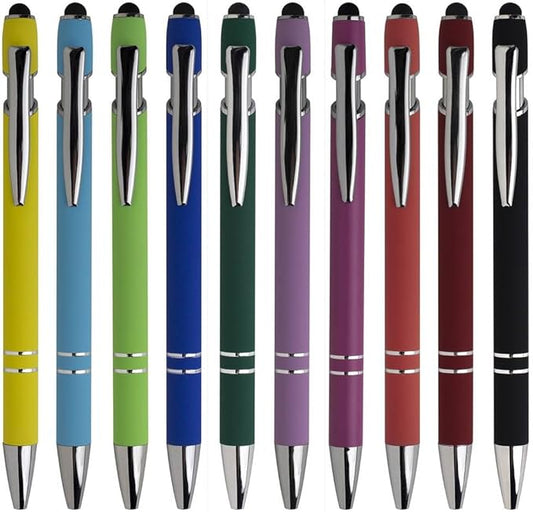10-Pack Ballpoint Pens with Stylus Tip, Black Ink, 1.0mm Medium Point, Matte Metal Barrel, Assorted Colors – Soft Touch Grip for Office, School-DeskLoop Office