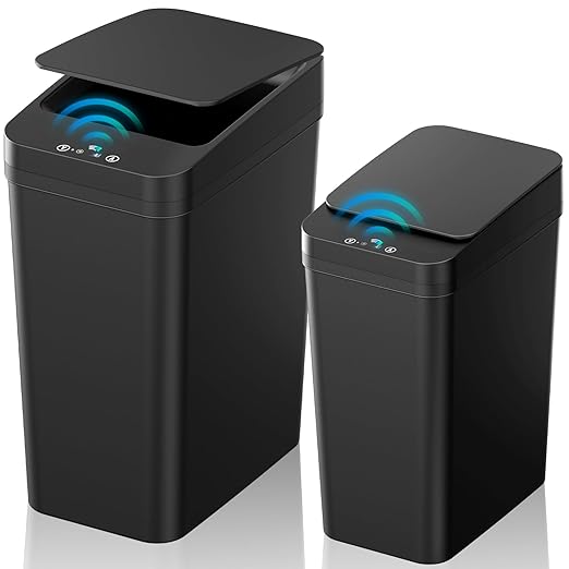 Bathroom Trash Can with Lid, 2 Pack 4 & 2.2 Gallon Automatic Touchless Garbage Can, Small Motion Sensor Smart Trash Can, Slim Waterproof Trash Bin for Bedroom, Bathroom, Office, Living Room (Black)-DeskLoop Office