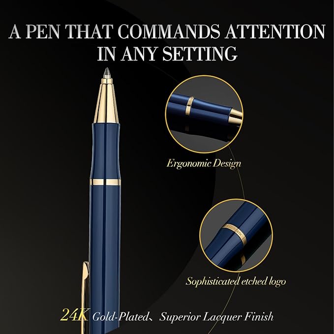 Blue Gel Pen With 24K Gold Finish, Fine lacquer work, Fancy Gift Set for Men & Women, Black Refill, Ideal Office Supplies, Professional, Writing, Executive,Office, Nice Retractable Pens-DeskLoop Office
