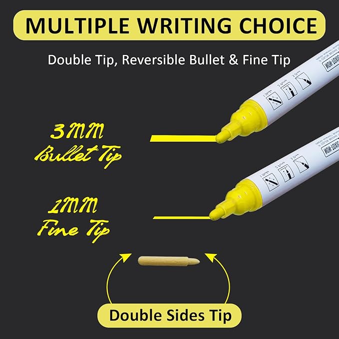 Bright Yellow Dry Erase Markers for Black Glass Board, 2-in-1 Reversible Dual Tip - Bullet & Fine, Easy Clean Grip Liquid Chalk Pens for Acrylic Board, 10 Pack-DeskLoop Office