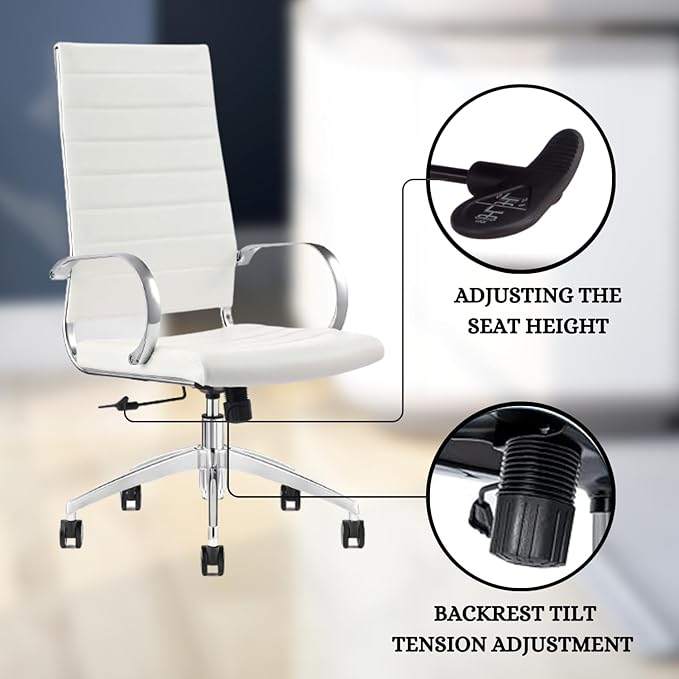 Ribbed High Back Conference Room Chairs - Lumbar Support, Modern Style Executive Home Office Chair - 360 Swivel Rolling Wheels - Aluminum Chrome Frame & Base- White Office Chair (Pack of 1)-DeskLoop Office