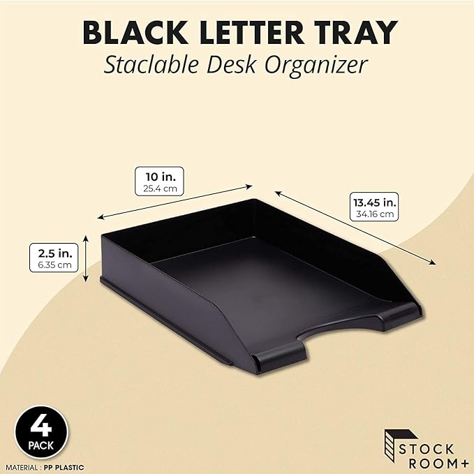 Stockroom Plus Letter Trays - 4-Pack, Black, 10 x 13.5 x 2.5 in - Stackable Paper Trays & Desktop File Organizer - Mail Organizer & Document Storage-DeskLoop Office
