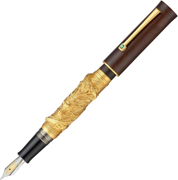 Hongdian N24 Fountain Pen Extra Fine Nib, Golden Dragon Stereoscopic Carving with Red Wood Design-DeskLoop Office