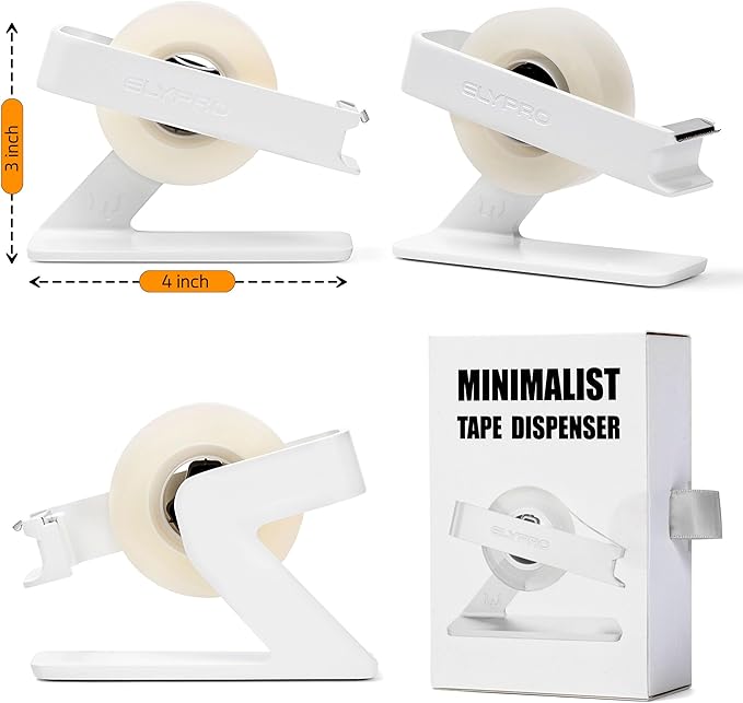 ELYPRO Modern Tape Dispenser for Office Desk - Elegant and Minimalist Design, Heavy Metal Made, Space-Saving, Perfect for Office & Home Use or as a Stylish Gift - Bonus Tape Roll Included (White)-DeskLoop Office